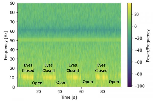 quantify your eeg - spectrogram of EEG of the visual cortex during opening and closing of our eyes